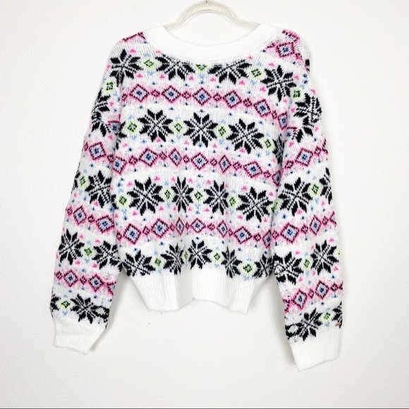 VS PINK Reversible Snowflake Fair Isle V-Neck Sweater Sz Large - Picture 3 of 8